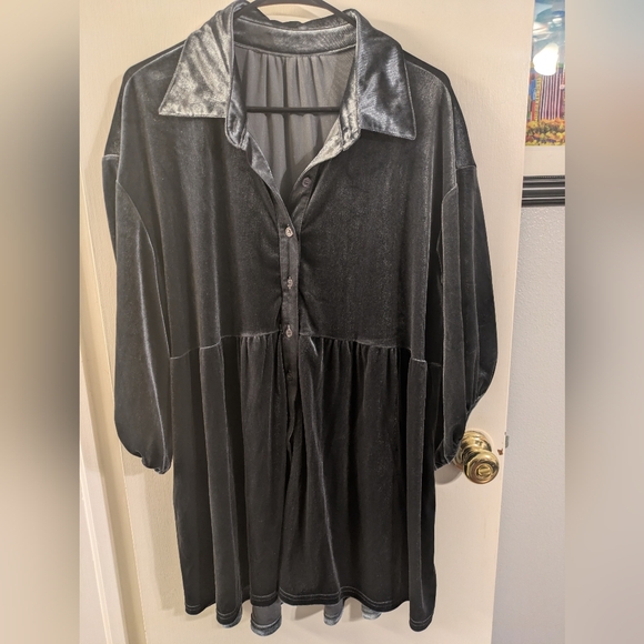 Charcoal Velvet Button Down Women's Shirt - Picture 2 of 5